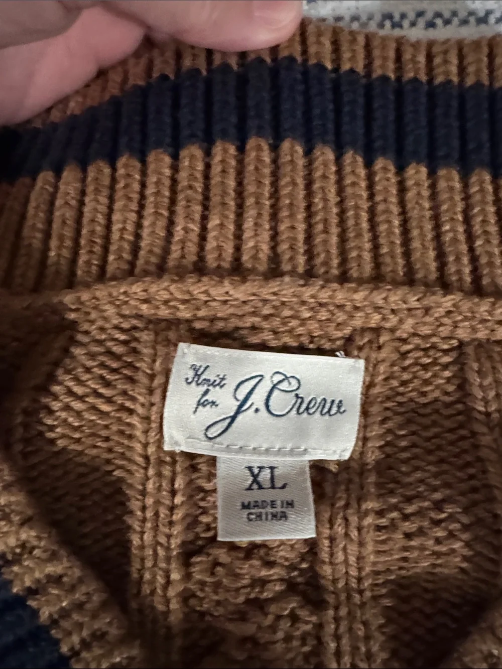 J. Crew Camel Cable Knit V-Neck Sweater with Navy Trim